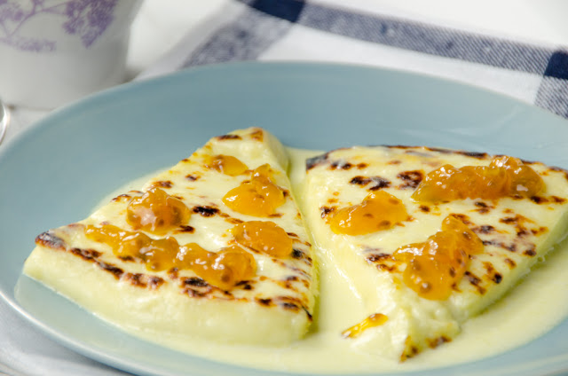 Finnish bread cheese with cloudberry jam