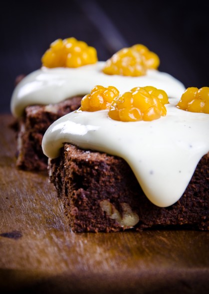 Brownie with crème fraîche and cloudberries