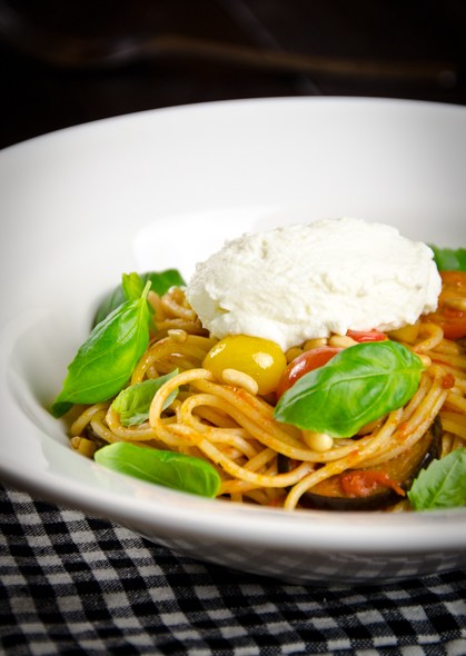 Spaghetti with eggplants, ricotta and cherry tomatoes
